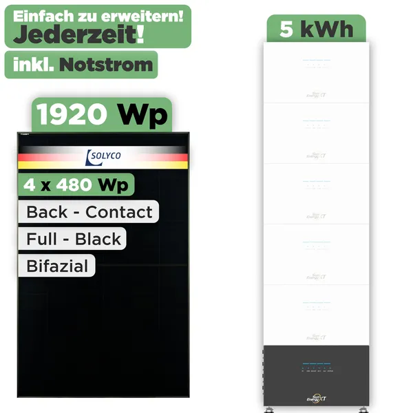SunEnergyXT 500 Modulset 1920 Wp SunEnergyXT 500 (800 W) / 5 kWh / Solyco 480 Wp / 4 Module