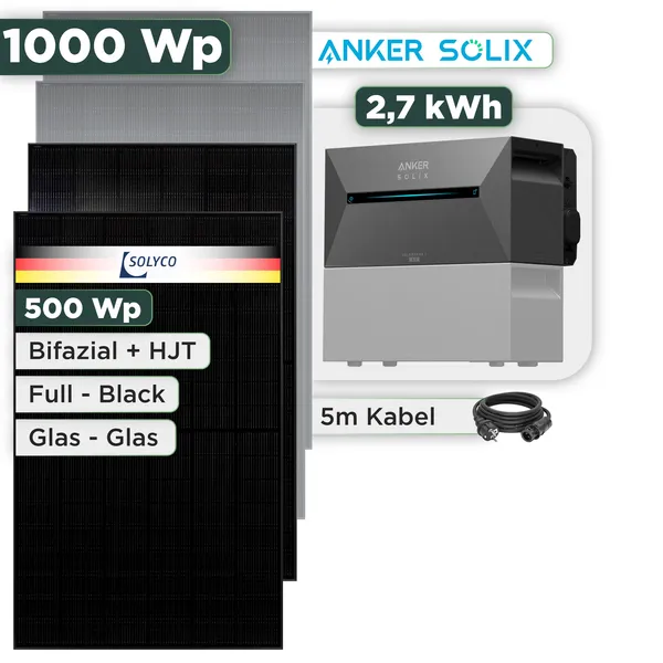 Balkonkraftwerk Set 1000 Wp Anker Solarbank 3 Pro / 2,7 kWh / Solyco 500 Wp Glas-Glas Fullblack-Modul Bifazial / 2 Module / Schuko Stecker / 3 m