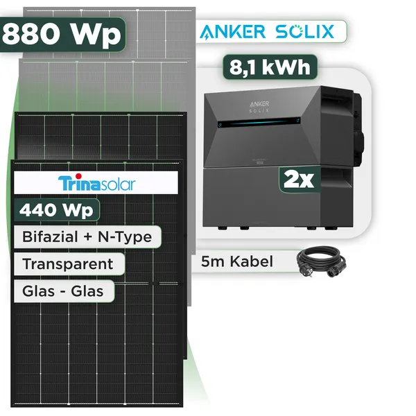 Balkonkraftwerk Set 880 Wp Anker Solarbank 3 Pro / 8,1 kWh / Trina 440 Wp Glas-Glas Bifazial Modul / 2 Module / Schuko Stecker / 3 m