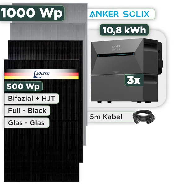 Balkonkraftwerk Set 1000 Wp Anker Solarbank 3 Pro / 10,8 kWh / Solyco 500 Wp Glas-Glas Fullblack-Modul Bifazial / 2 Module / Schuko Stecker / 3 m