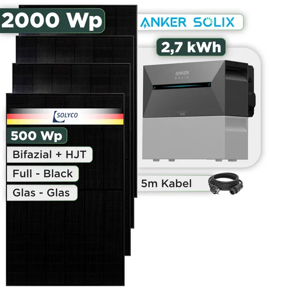 Balkonkraftwerk Set 2000 Wp Anker Solarbank 3 Pro / 2,7 kWh / Solyco 500 Wp Glas-Glas Fullblack-Modul Bifazial / 4 Module / Schuko Stecker / 3 m