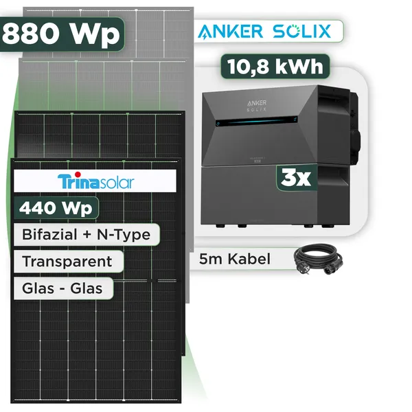 Balkonkraftwerk Set 880 Wp Anker Solarbank 3 Pro / 10,8 kWh / Trina 440 Wp Glas-Glas Bifazial Modul / 2 Module / Schuko Stecker / 3 m