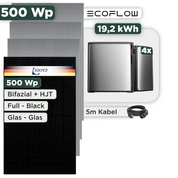 Balkonkraftwerk Set 500 Wp Ecoflow Stream Ultra X / 19,2 kWh / Solyco 500 Wp Glas-Glas Fullblack-Modul Bifazial / 1 Modul / Schuko Stecker / 1,5 m