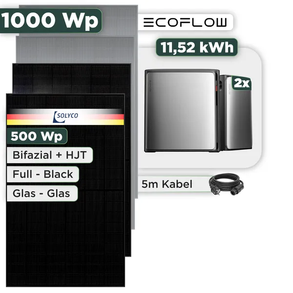 Balkonkraftwerk Set 1000 Wp Ecoflow Stream Ultra X / 11,52 kWh / Solyco 500 Wp Glas-Glas Fullblack-Modul Bifazial / 2 Module / Schuko Stecker / 1,5 m