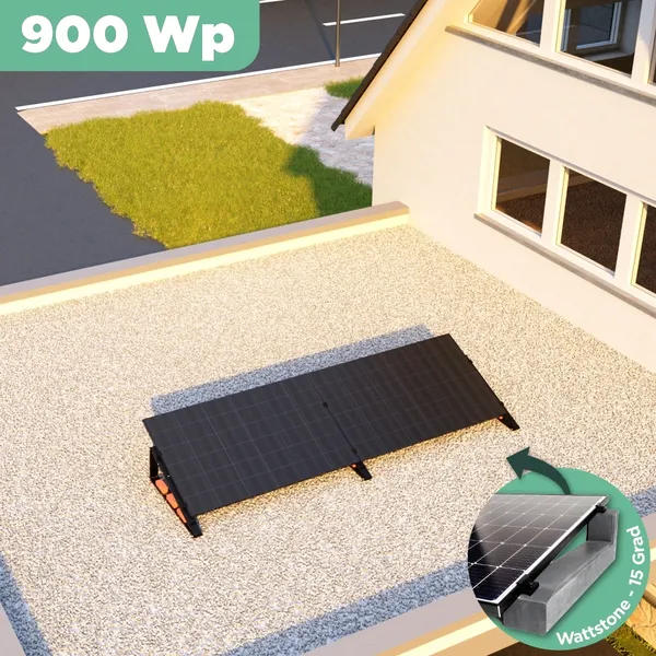 Balkonkraftwerk Flachdach 900 Wp APsystems EZ1-M 800 W / Trina Solar / 450 Wp (Glas-Glas Full Black) / Premium - Wattstone Black 15° / eine Reihe quer / 2 Module