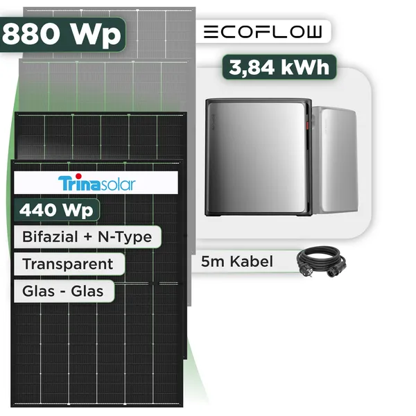Balkonkraftwerk Set 880 Wp Ecoflow Stream Ultra X / 3,84 kWh / Trina 440 Wp Glas-Glas Bifazial Modul / 2 Module / Schuko Stecker / 1,5 m