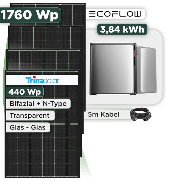 Balkonkraftwerk Set 1760 Wp Ecoflow Stream Ultra X / 3,84 kWh / Trina 440 Wp Glas-Glas Bifazial Modul / 4 Module / Schuko Stecker / 1,5 m