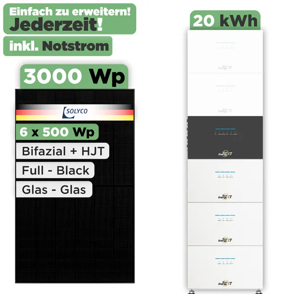 SunEnergyXT 500 Modulset 3000 Wp SunEnergyXT 500 (800 W) / 20 kWh / Solyco 500 Wp / 6 Module
