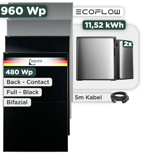 Balkonkraftwerk Set 960 Wp Ecoflow Stream Ultra X / 11,52 kWh / Solyco 480 Wp Glas-Glas Fullblack Back Contact Modul / 2 Module / Schuko Stecker / 1,5 m