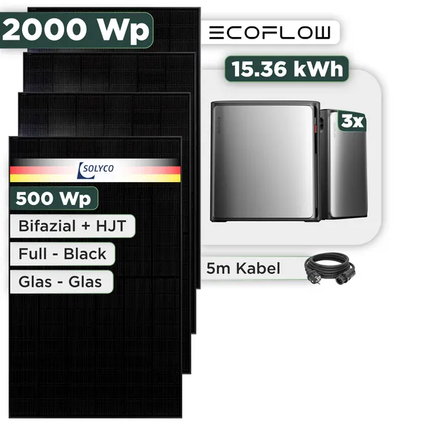 Balkonkraftwerk Set 2000 Wp Ecoflow Stream Ultra X / 15,36 kWh / Solyco 500 Wp Glas-Glas Fullblack-Modul Bifazial / 4 Module / Schuko Stecker / 1,5 m