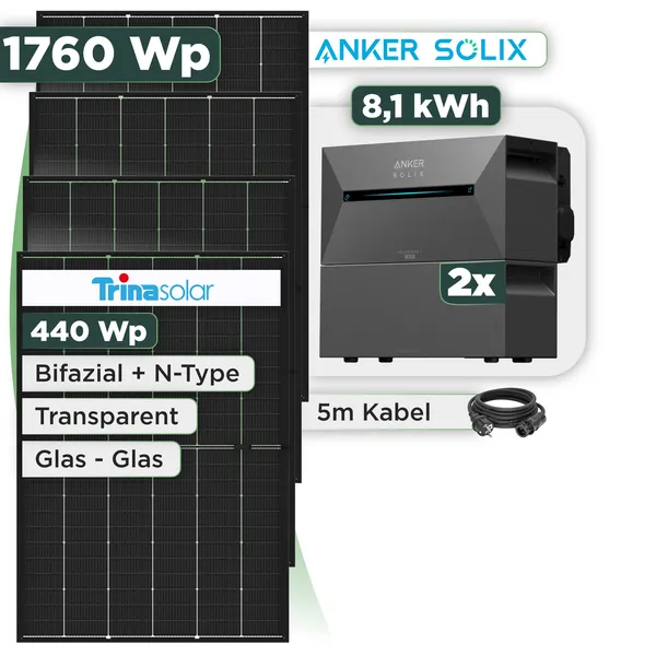 Balkonkraftwerk Set 1760 Wp Anker Solarbank 3 Pro / 8,1 kWh / Trina 440 Wp Glas-Glas Bifazial Modul / 4 Module / Schuko Stecker / 3 m