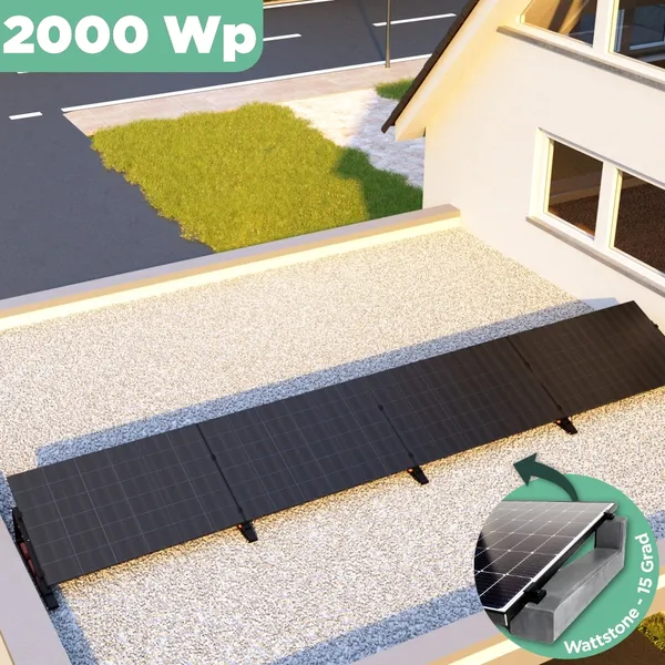 Balkonkraftwerk Flachdach 2000 Wp APsystems EZ1-M 800 W / Trina Solar / 500 Wp (Glas-Glas Full Black) / Premium - Wattstone Black 15° / eine Reihe quer / 4 Module