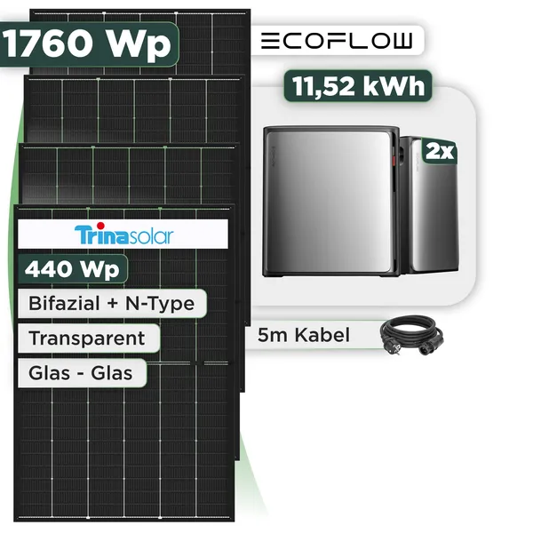 Balkonkraftwerk Set 1760 Wp Ecoflow Stream Ultra X / 11,52 kWh / Trina 440 Wp Glas-Glas Bifazial Modul / 4 Module / Schuko Stecker / 1,5 m
