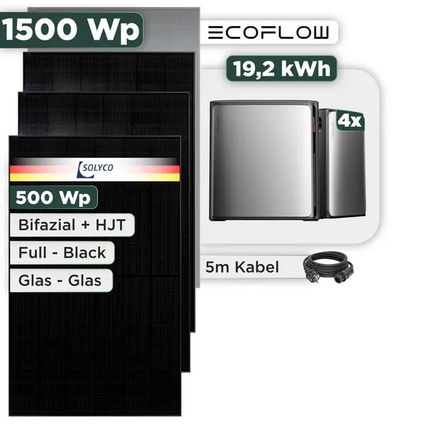 Balkonkraftwerk Set 1500 Wp Ecoflow Stream Ultra X / 19,2 kWh / Solyco 500 Wp Glas-Glas Fullblack-Modul Bifazial / 3 Module / Schuko Stecker / 1,5 m
