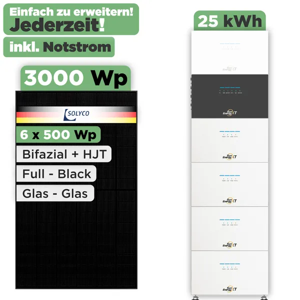 SunEnergyXT 500 Modulset 3000 Wp SunEnergyXT 500 Pro (2400 W) / 25 kWh / Solyco 500 Wp / 6 Module