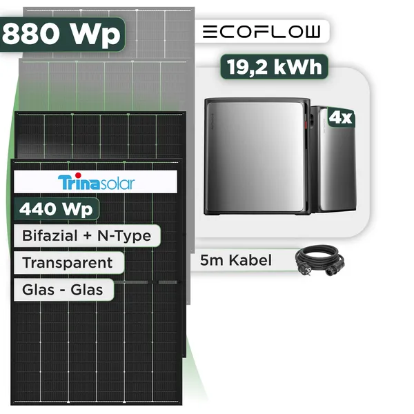 Balkonkraftwerk Set 880 Wp Ecoflow Stream Ultra X / 19,2 kWh / Trina 440 Wp Glas-Glas Bifazial Modul / 2 Module / Schuko Stecker / 1,5 m