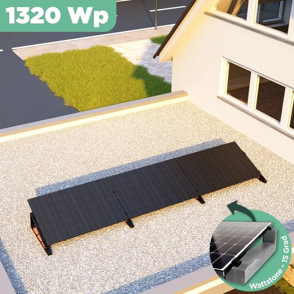Balkonkraftwerk Flachdach 1320 Wp APsystems EZ1-M 800 W / Trina Solar / 440 Wp (Glas-Glas + Bifazial) / Premium - Wattstone Black 15° / eine Reihe quer / 3 Module