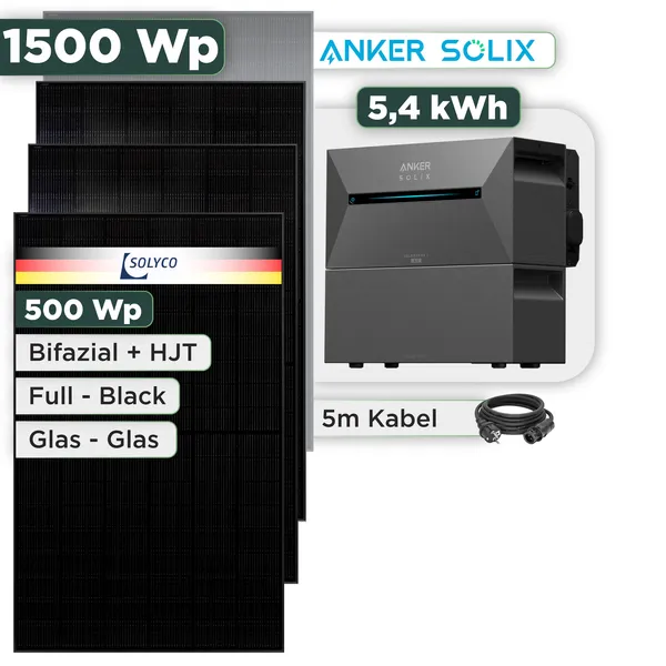 Balkonkraftwerk Set 1500 Wp Anker Solarbank 3 Pro / 5,4 kWh / Solyco 500 Wp Glas-Glas Fullblack-Modul Bifazial / 3 Module / Schuko Stecker / 3 m