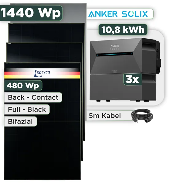 Balkonkraftwerk Set 1440 Wp Anker Solarbank 3 Pro / 10,8 kWh / Solyco 480 Wp Glas-Glas Fullblack Back Contact Modul / 3 Module / Schuko Stecker / 3 m