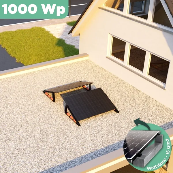 Balkonkraftwerk Flachdach 1000 Wp APsystems EZ1-M 800 W / Trina Solar / 500 Wp (Glas-Glas Full Black) / Premium - Wattstone Black 15° / zwei Reihen quer / 2 Module
