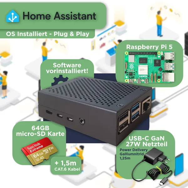 Home Assistant Plug & Play Set inkl. Raspberry Pi 5 Smart Home & PV-Monitoring (64GB SD, Netzteil, Gehäuse, LAN-Kabel)