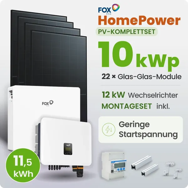 10 kWp FoxEss PV-Anlage 22x 460Wp Glas-Glas Fullblack 11,52kWh Speicher inkl. Smart Meter - Notstromfähig