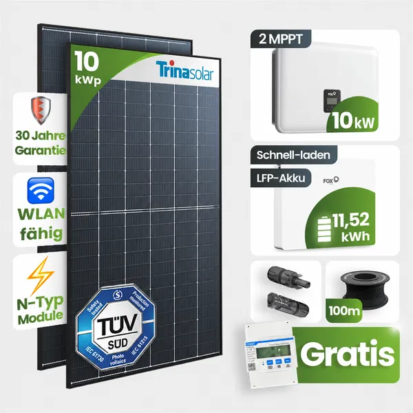 10 kWp FoxEss PV-Anlage 22x Trina 465Wp Black Frame 11,52kWh Speicher Notstromfähig Speicher erweiterbar