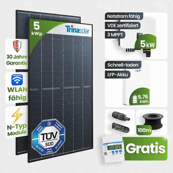 5 kWp FoxEss PV-Anlage 11x Trina 465Wp Black Frame 5kWh Speicher Notstromfähig Speicher erweiterbar