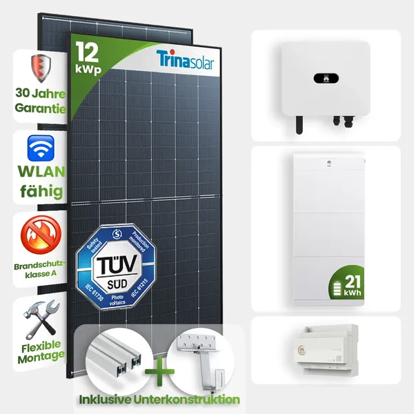 12 kWp Huawei PV-Anlage 27x Trina 465Wp Glas-Glas Black Frame mit 14 kWh Speicher