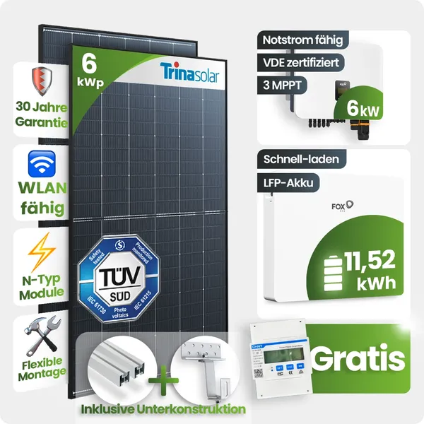 6kWp FoxEss PV-Anlage 13x Trina 465Wp Glas-Glas Black Frame Schrägdachmontage 10 kWh Speicher inkl. Smart Meter