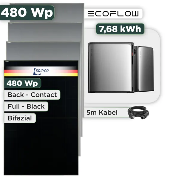 Balkonkraftwerk Set 480 Wp Ecoflow Stream Ultra X / 7,68 kWh / Solyco 480 Wp Glas-Glas Fullblack Back Contact Modul / 1 Modul / Schuko Stecker / 1,5 m