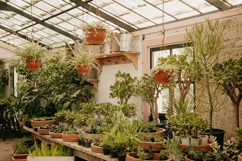 Gewächshaus im Garten mit Pflanzen