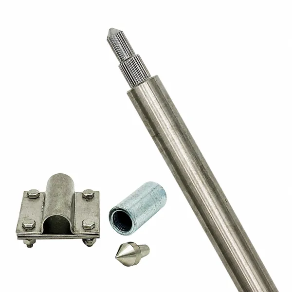 Offgridtec Tiefenerder V4A Set 1,5 m Ø20 mm - Erdungsspieß Edelstahl mit Einschlagspitze, Kreuzerder-Klemme & Schutzadapter