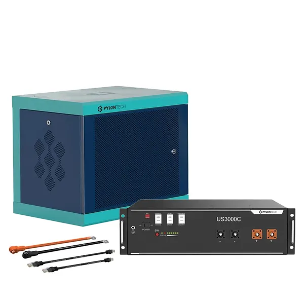 Pylontech 1x US3000D LiFePO4 Batterie 3,5kWh mit Wechselrichter-Anschlusskabelset und Batterieschrank